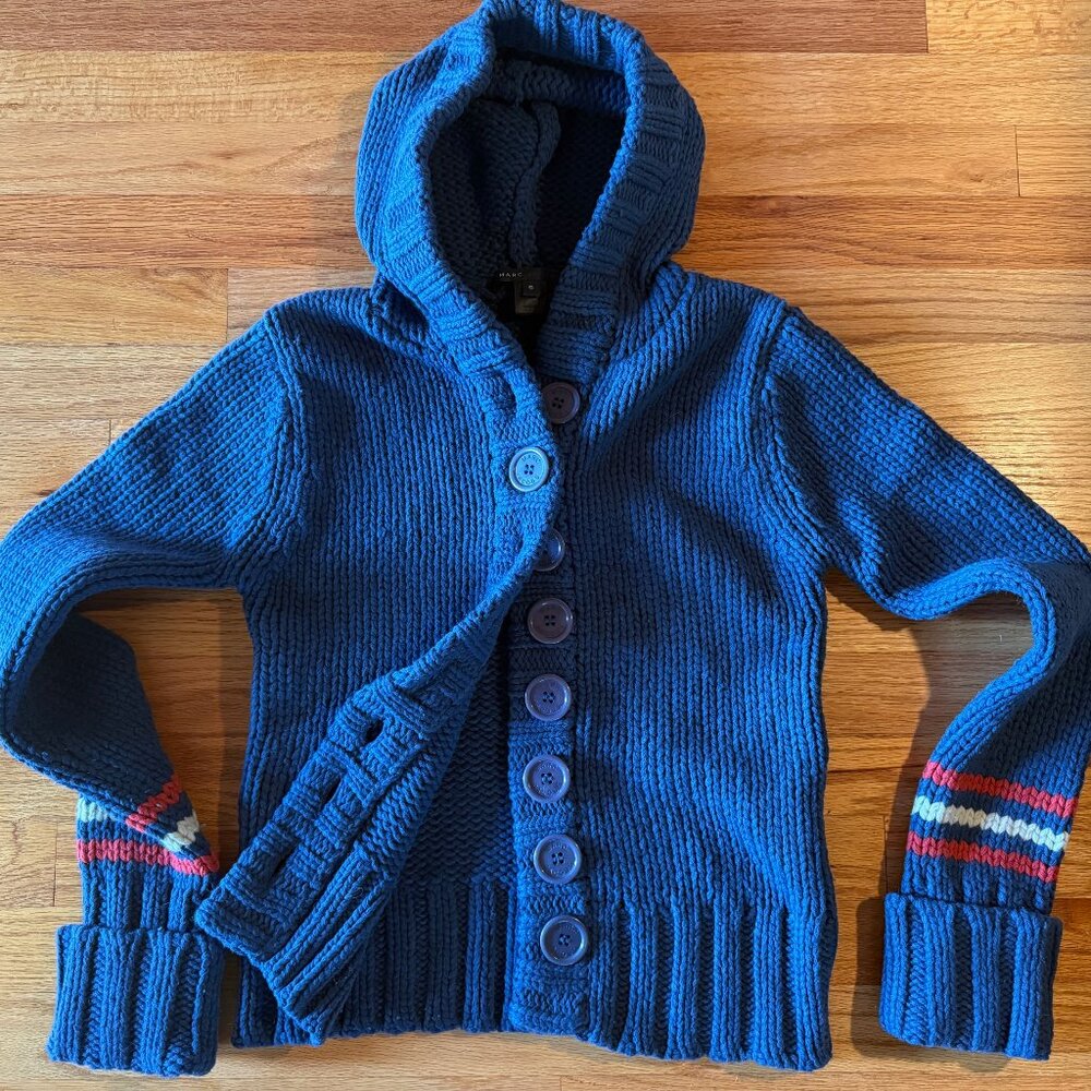 Marc Jacobs Blue Button Front Sweater w/ Hood and Striped Turnback Cuffs